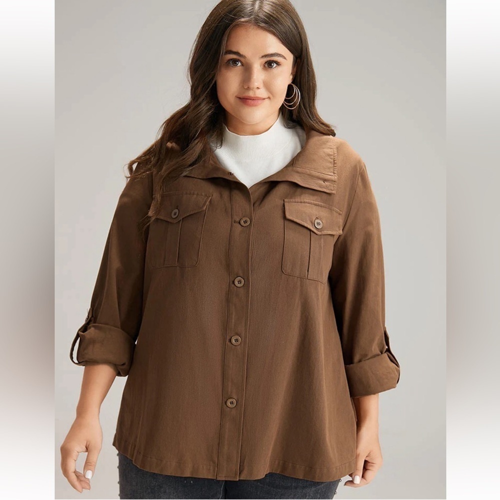 BloomChic Plus Size Plain Roll Tab Sleeve Button Down Coat 2XL us18-20